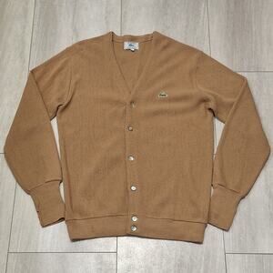 Vtg IZOD Lacoste 1970s Tan Knit Men’s Button Cardigan Sweater Sz L Kurt Cobain
